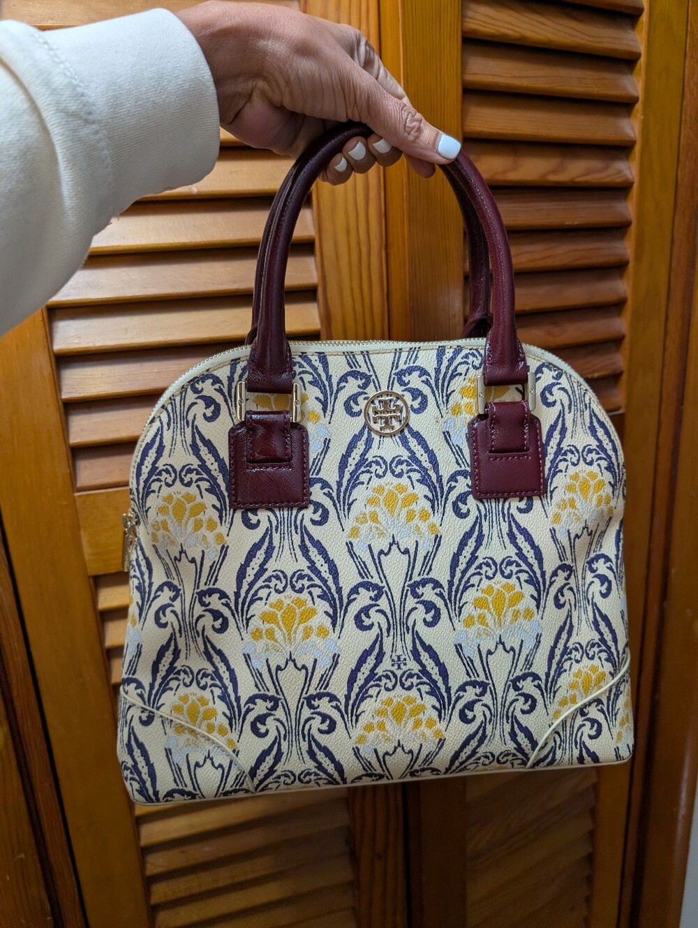 Tory Burch Inspired Floral Jacquard Satchel in Burgundy & Cream